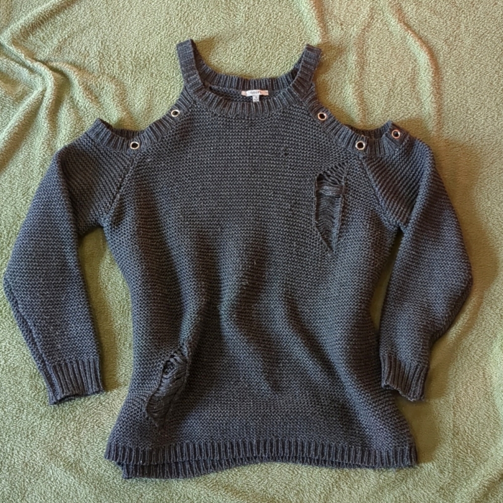 Jodifl Deep Grey Small Cold Shoulder Distressed Long Sleeve Sweater
